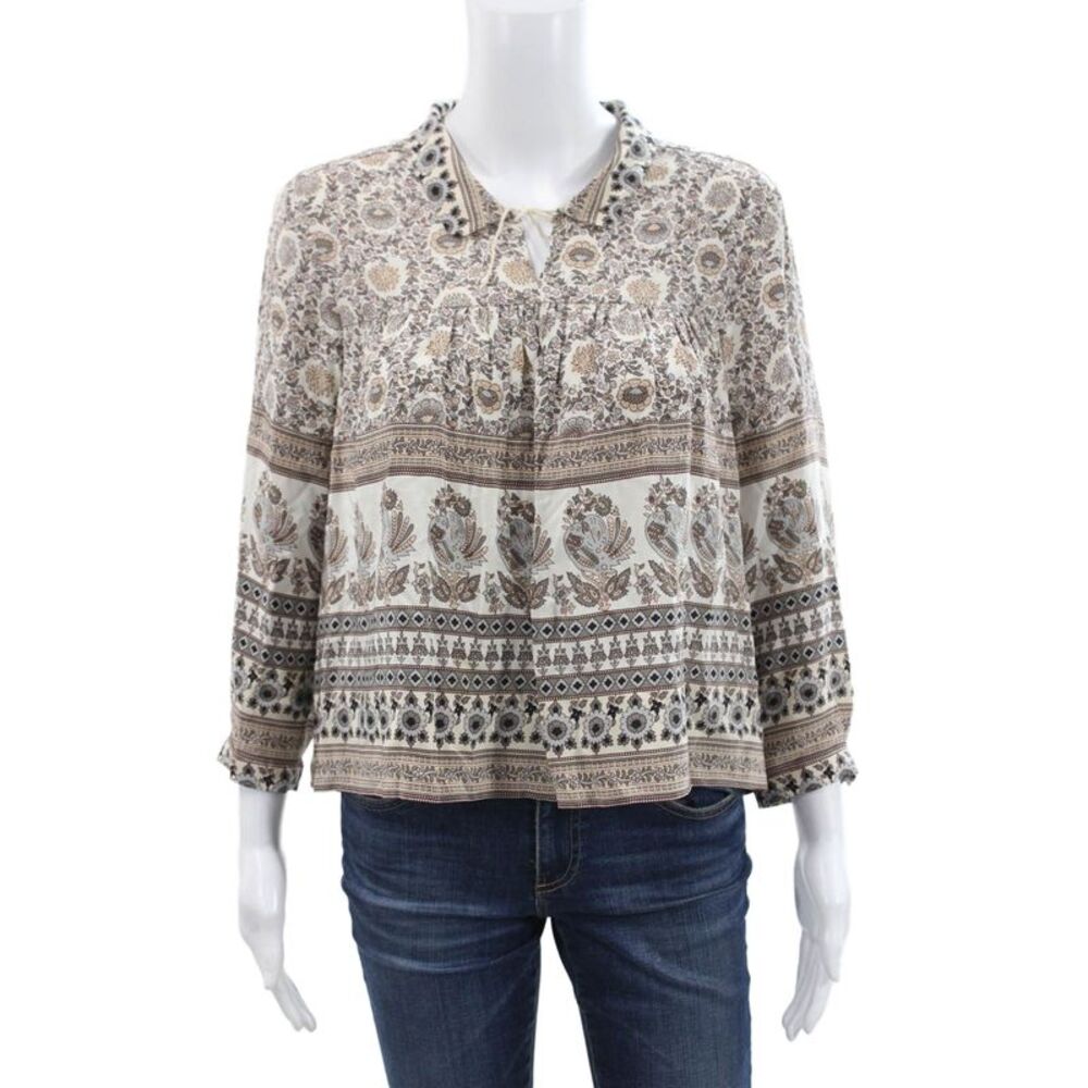 Sea New York Womens Silk Floral Tunic Collared Tie 3/4 Sleeve Beige Size 2